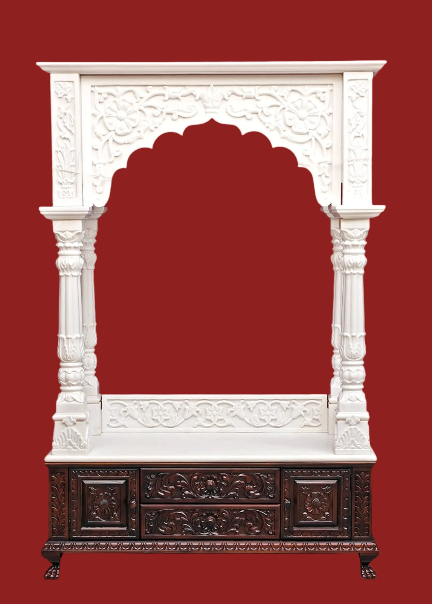 Large Designer White Marble Temple with Wood | Wooden Pooja Mandir | Temple With Drawers | Handmade | Made In India