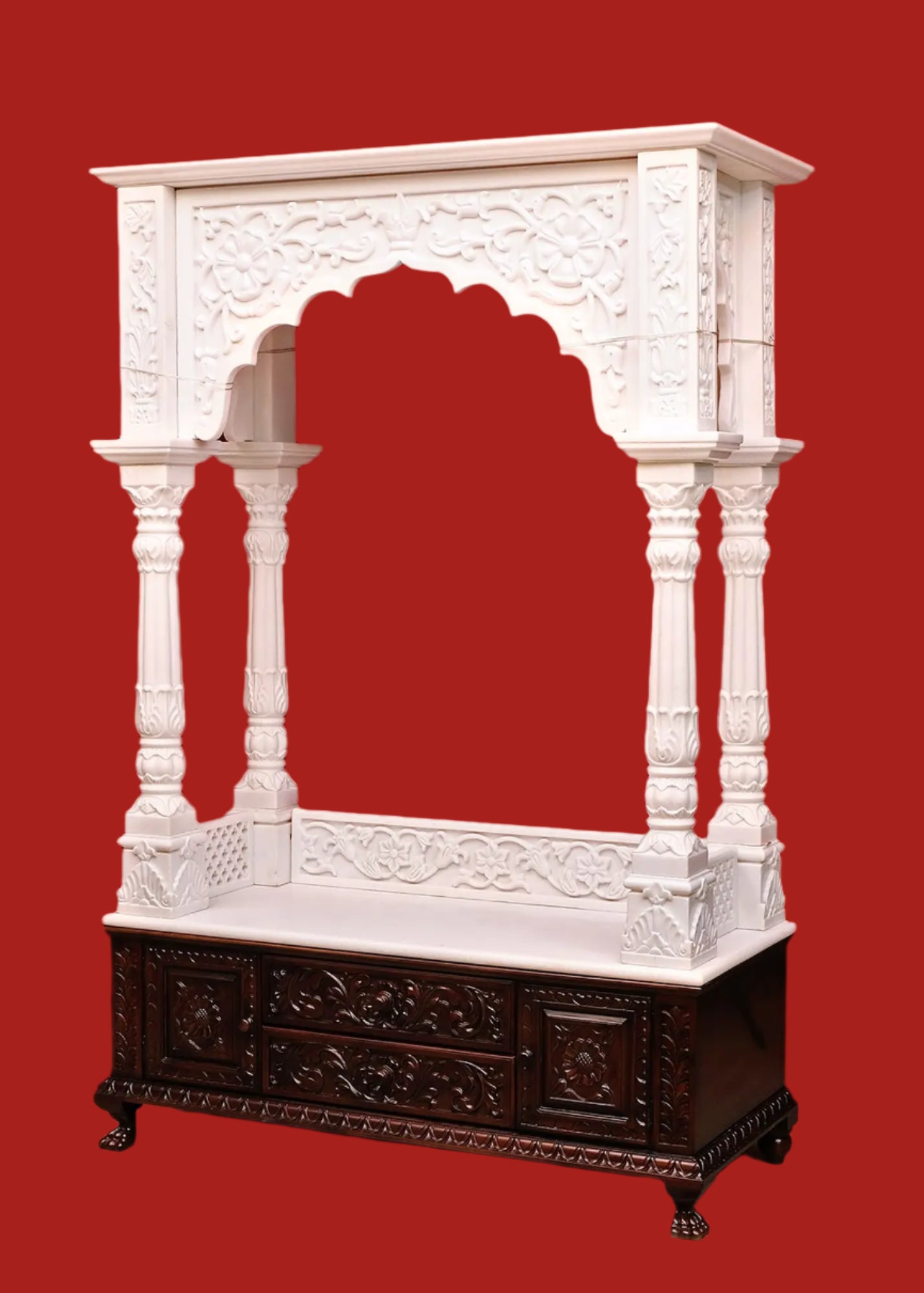 Large Designer White Marble Temple with Wood | Wooden Pooja Mandir | Temple With Drawers | Handmade | Made In India